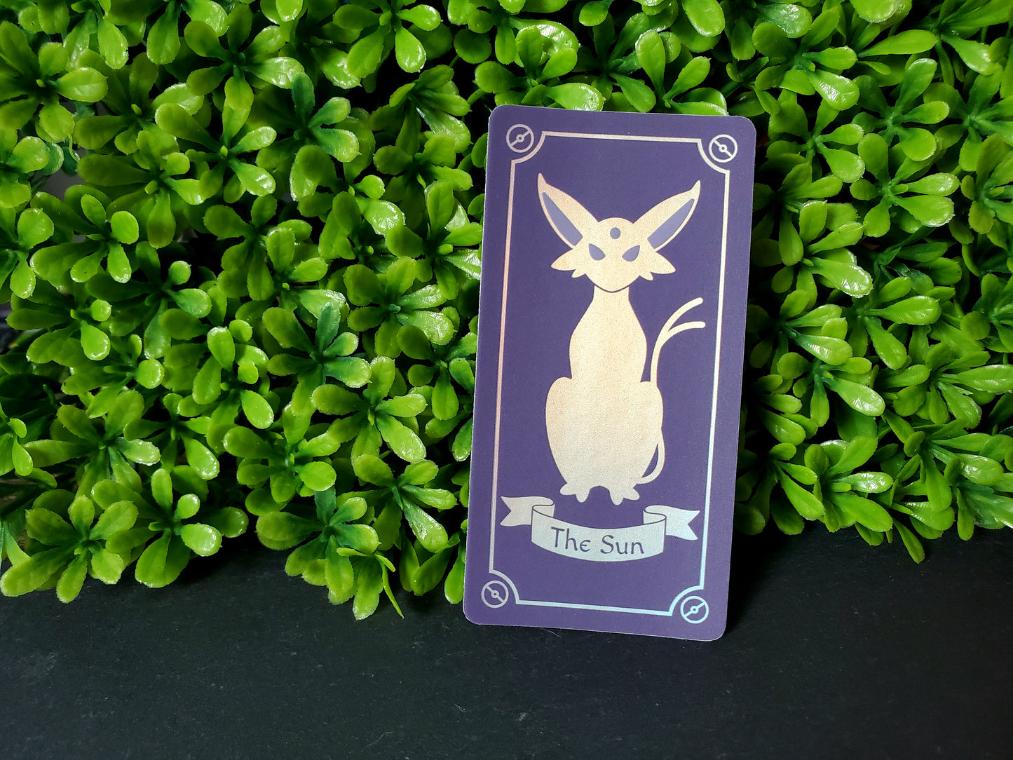 Espeon Tarot Card Inspired Sticker - The Sun - Purple sticker with holographic vaporwave shimmer